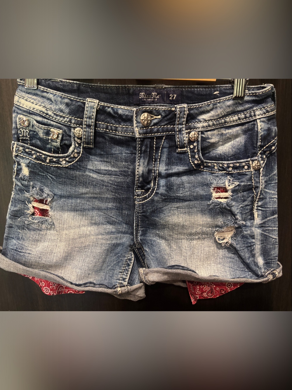 Miss Me Blue Distressed Denim Shorts with Red Bandana Accents size 27
